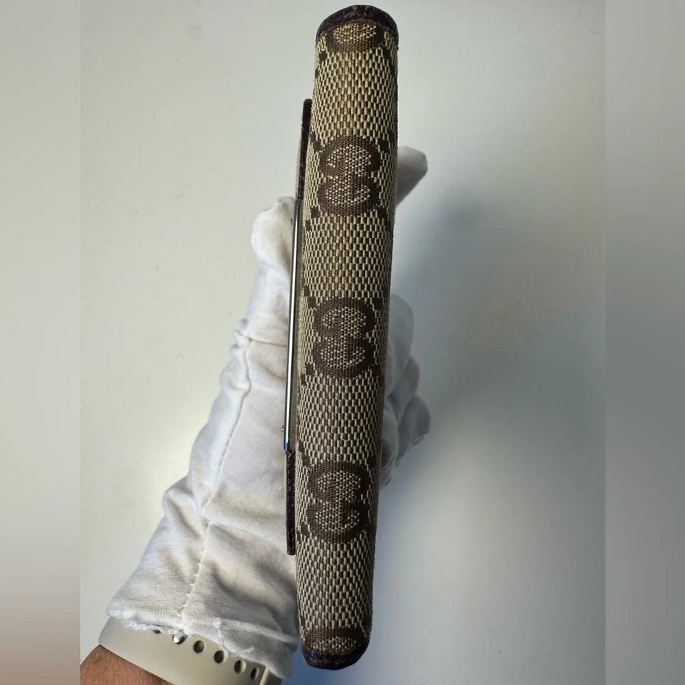 Gucci Signature Tan and Brown Canvas Monogram Bi Fold Wallet